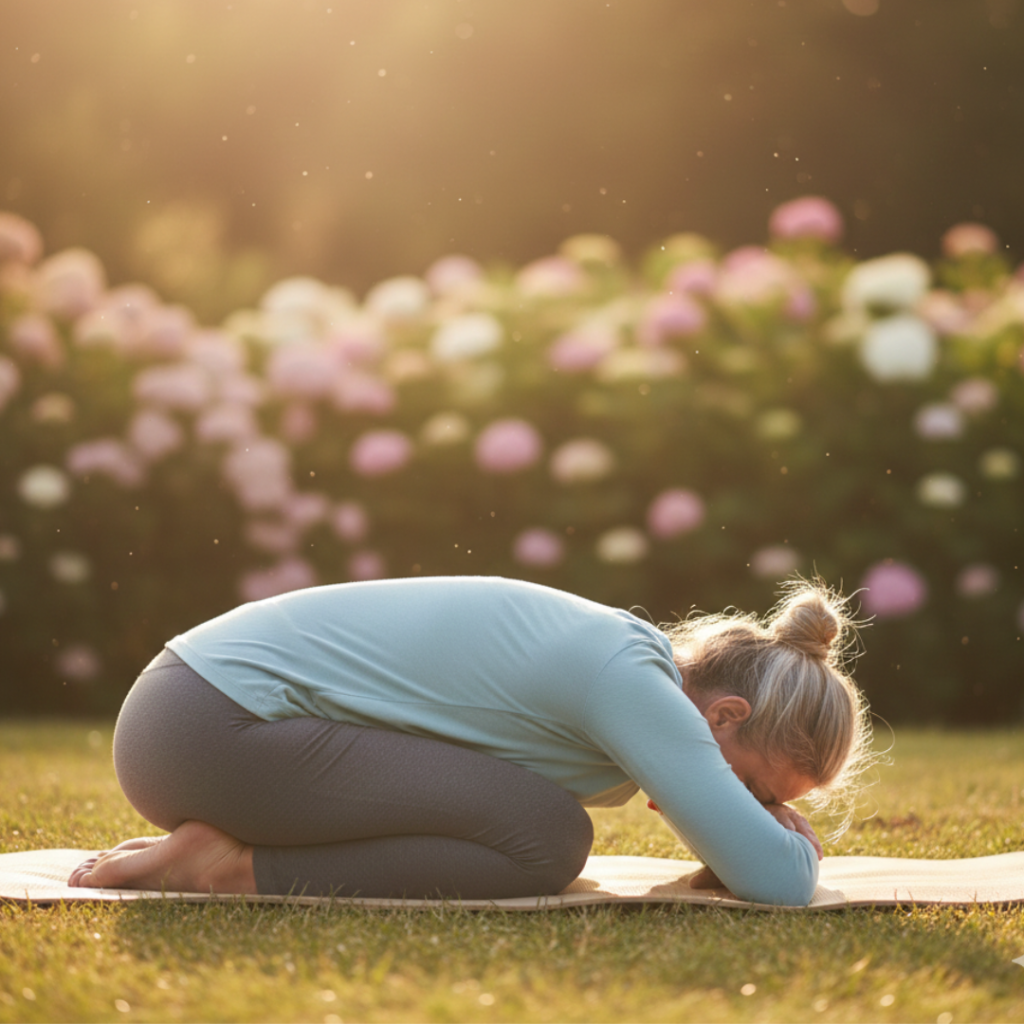 Woman over 50 practicing gentle yoga for menopause symptom relief outdoors