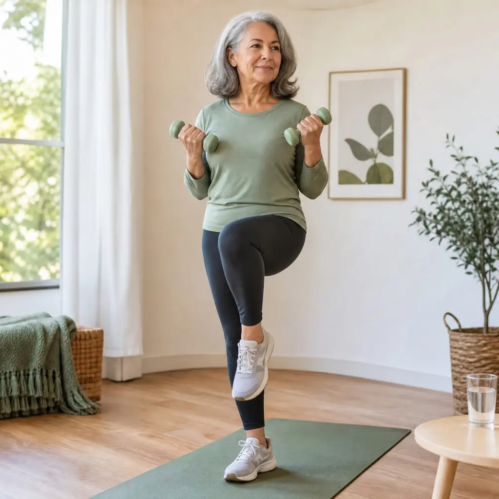 Turning 50? Time to Focus on Vitamin D and Calcium After 50 4 Woman over 50 doing a gentle balance and strength exercise with light weights at home, illustrating healthy habits for bone and muscle support.