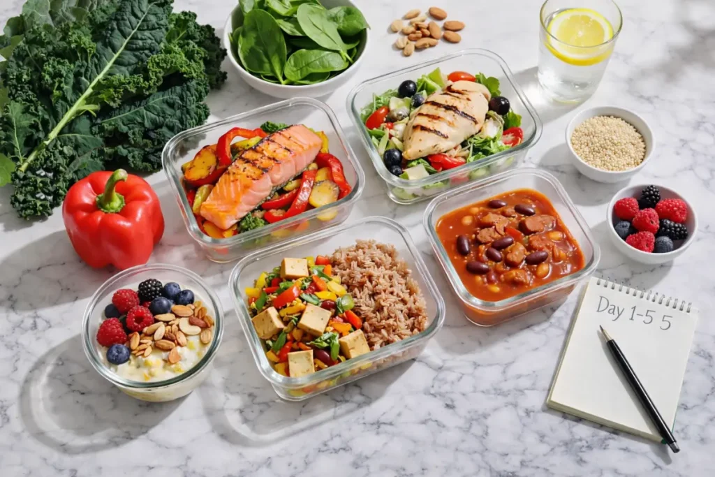 the menopause diet 5 day plan to lose weight: A neatly arranged meal prep layout showcasing five days of hormone-balancing, protein-packed meals tailored for menopause weight loss