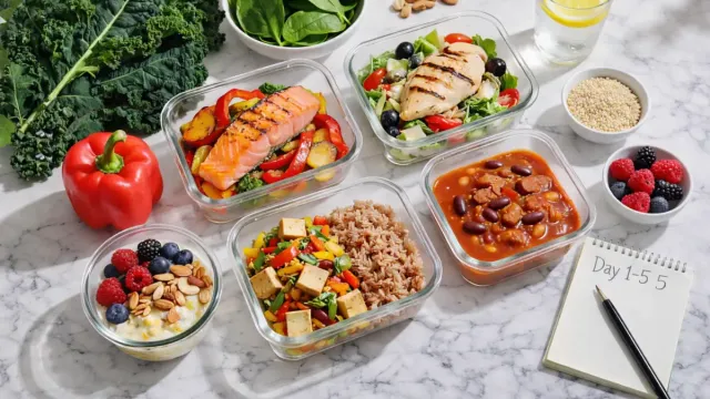 the menopause diet 5 day plan to lose weight: A neatly arranged meal prep layout showcasing five days of hormone-balancing, protein-packed meals tailored for menopause weight loss