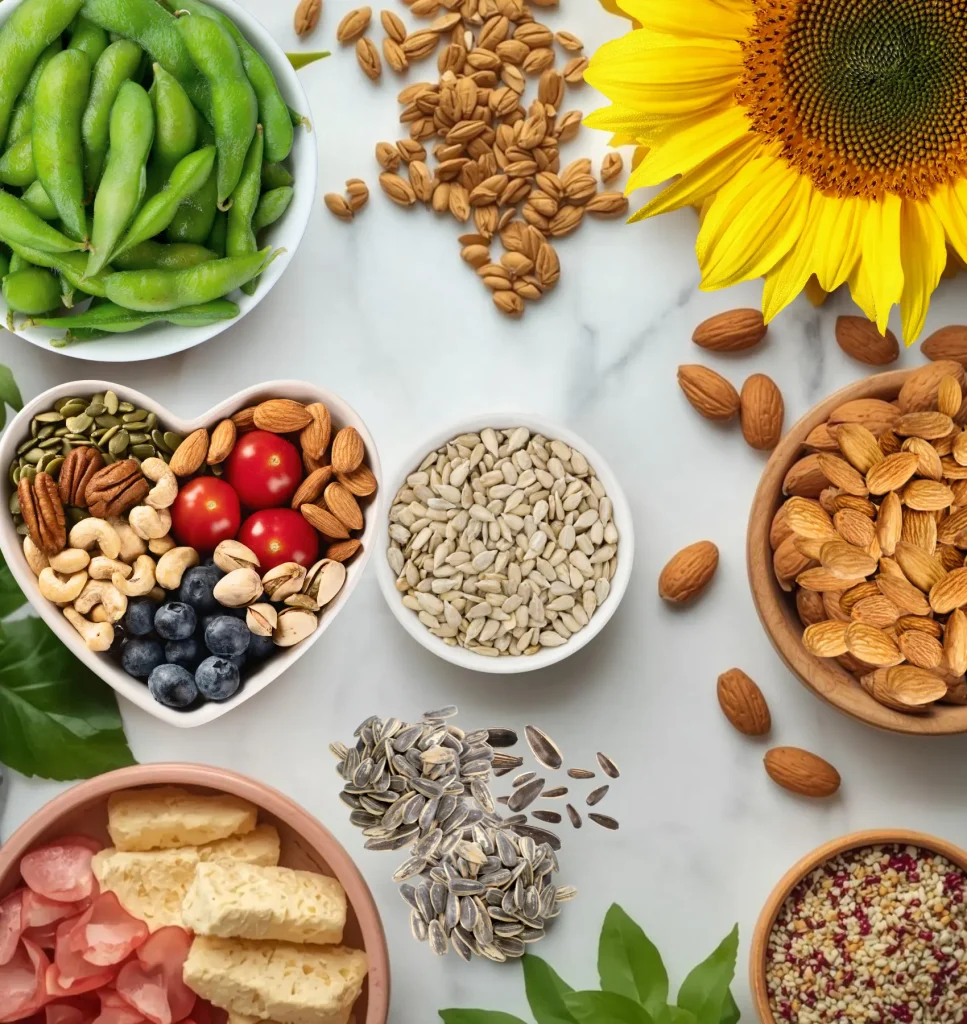 Overhead view of natural menopause foods including flaxseed, soy, nuts and seeds rich in phytoestrogens