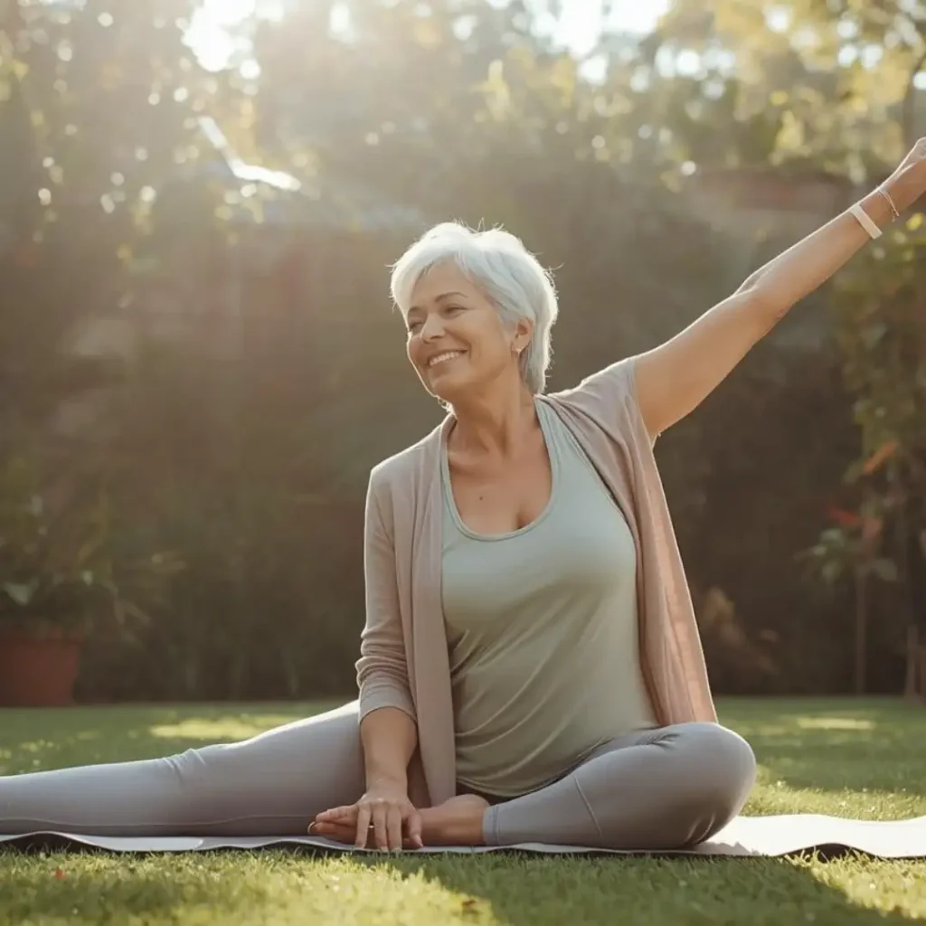 Woman in her 50s practicing gentle yoga outdoors during menopause transition