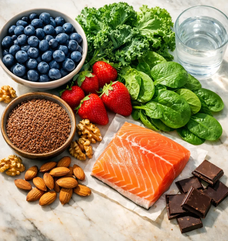 Natural anti-aging foods including berries, leafy greens, salmon, nuts, and seeds on wooden surface