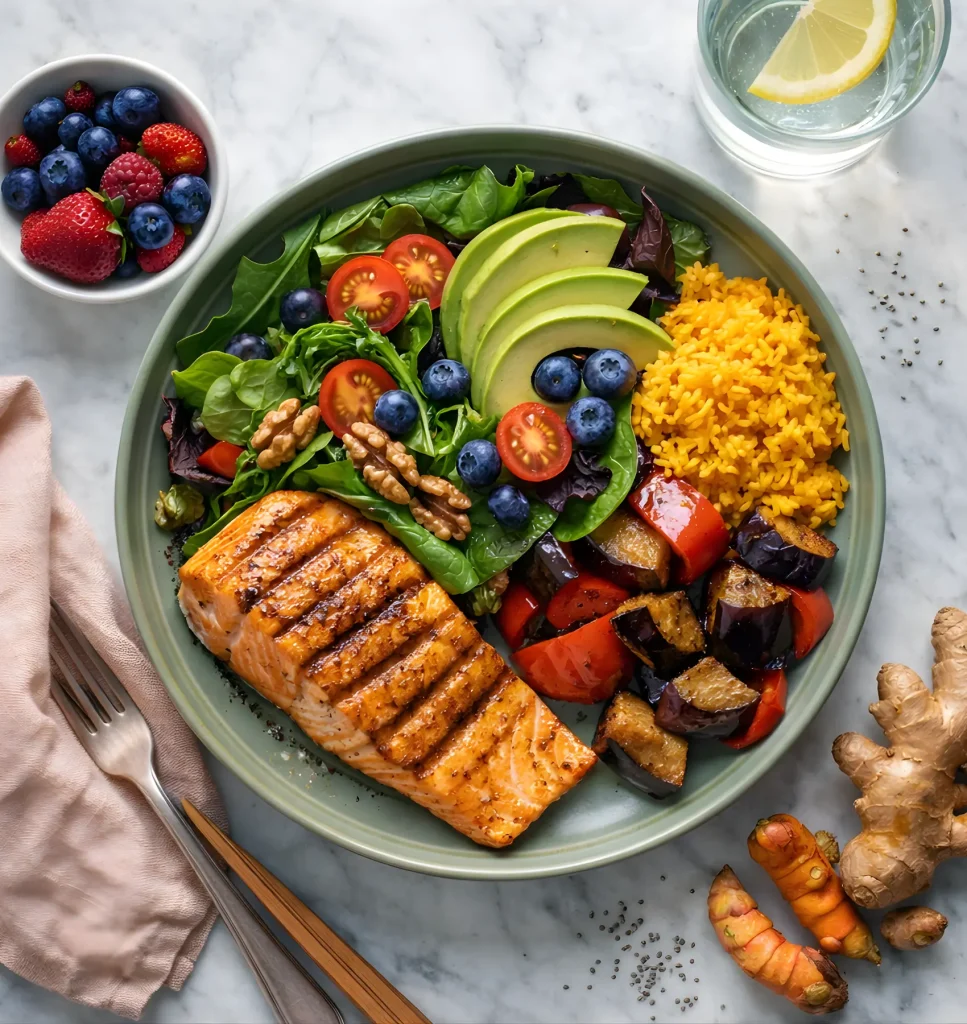 Colorful anti-inflammatory meal with salmon leafy greens berries and omega-3 rich foods for managing joint pain naturally