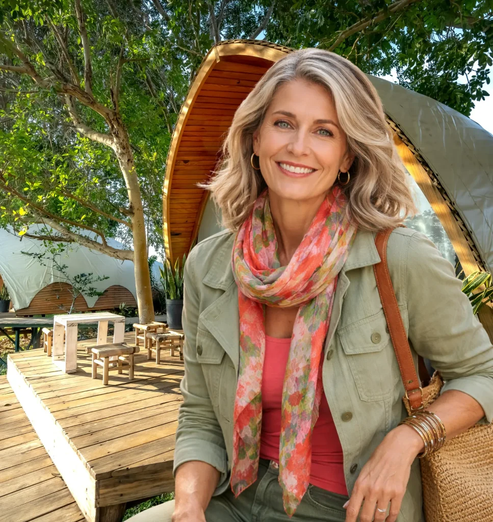 Stylish 50 year old woman in vibrant authentic outfit showing personal style and confidence