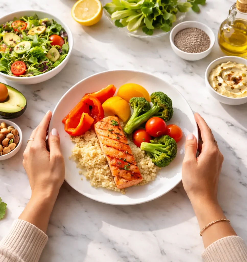 Balanced Meal Plate for Managing Blood Sugar During Menopause Healthy balanced meal showing proper portions for menopause and blood sugar management
