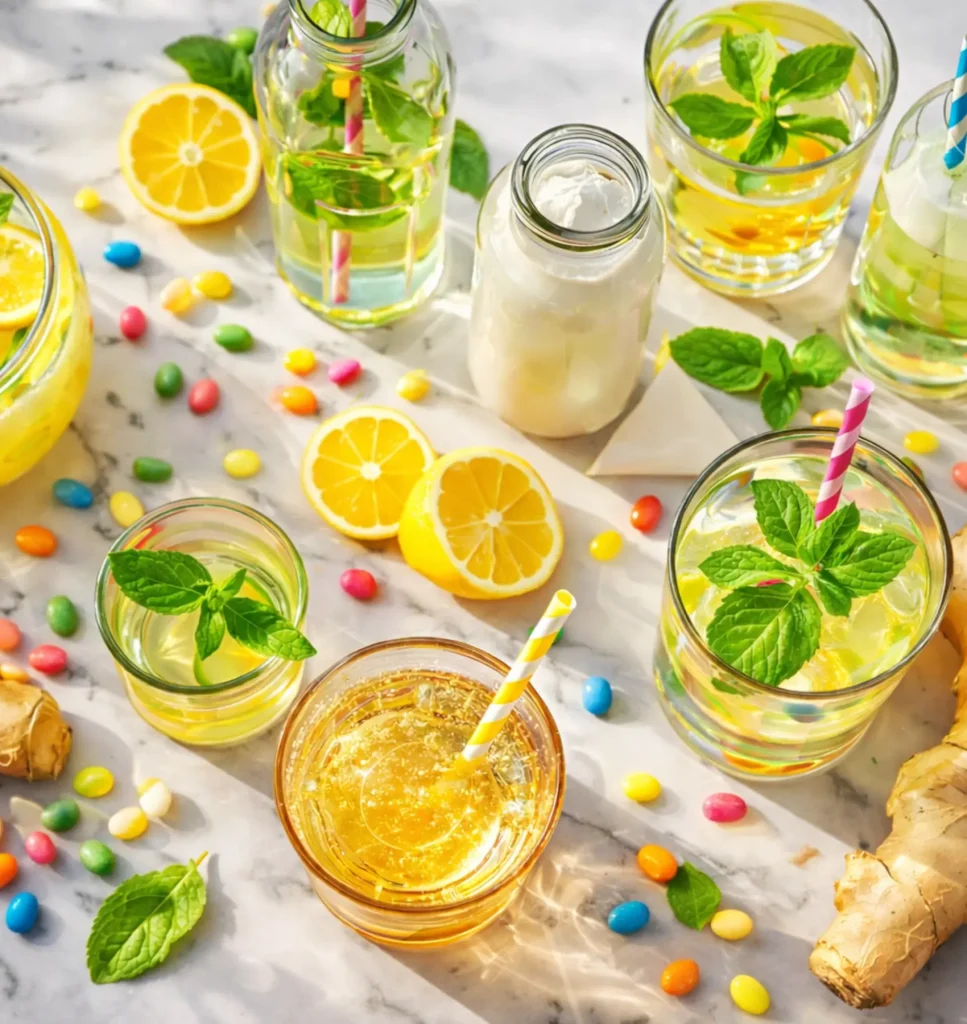 Best-Drinks-for-Managing-Menopause-Symptoms Collection of drinks good for menopause symptoms including soy milk and herbal teas