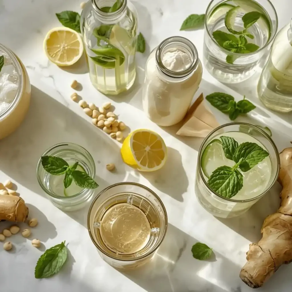 Collection of drinks good for menopause symptoms including soy milk and herbal teas