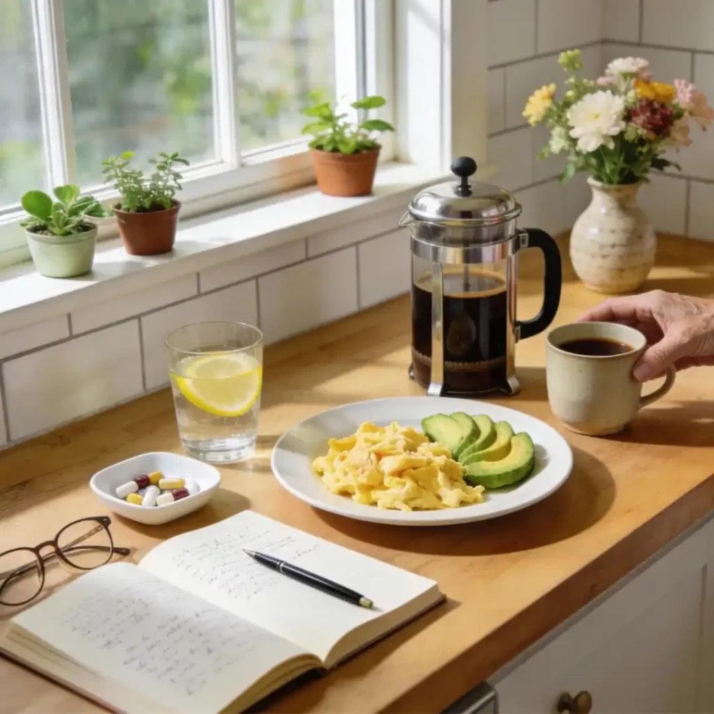 Healthy morning routine setup with protein breakfast, water, and journal for women over 50.