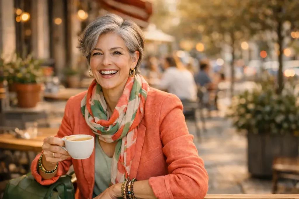 Strong 50 year old woman making direct eye contact showing professional confidence and determination