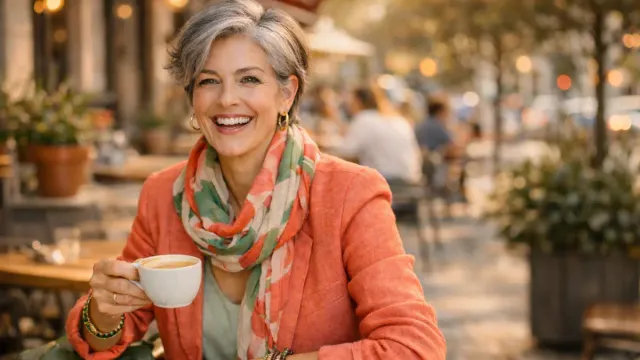 Strong 50 year old woman making direct eye contact showing professional confidence and determination