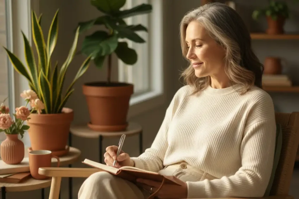 Woman practicing mindset after 50 by journaling in natural light.