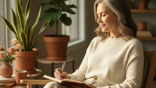 Mindset after 50, woman practicing by journaling in natural light.