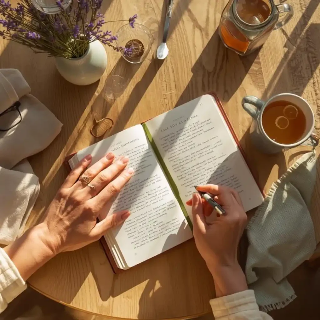 Overhead view of woman's hands journaling with tea during morning self-compassion ritual.