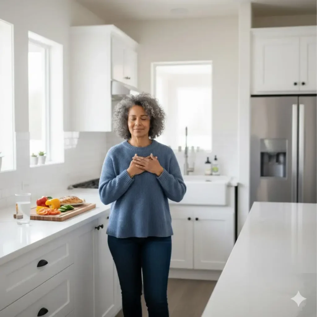 Woman over 50 using both hands on heart during self-compassion break in kitchen