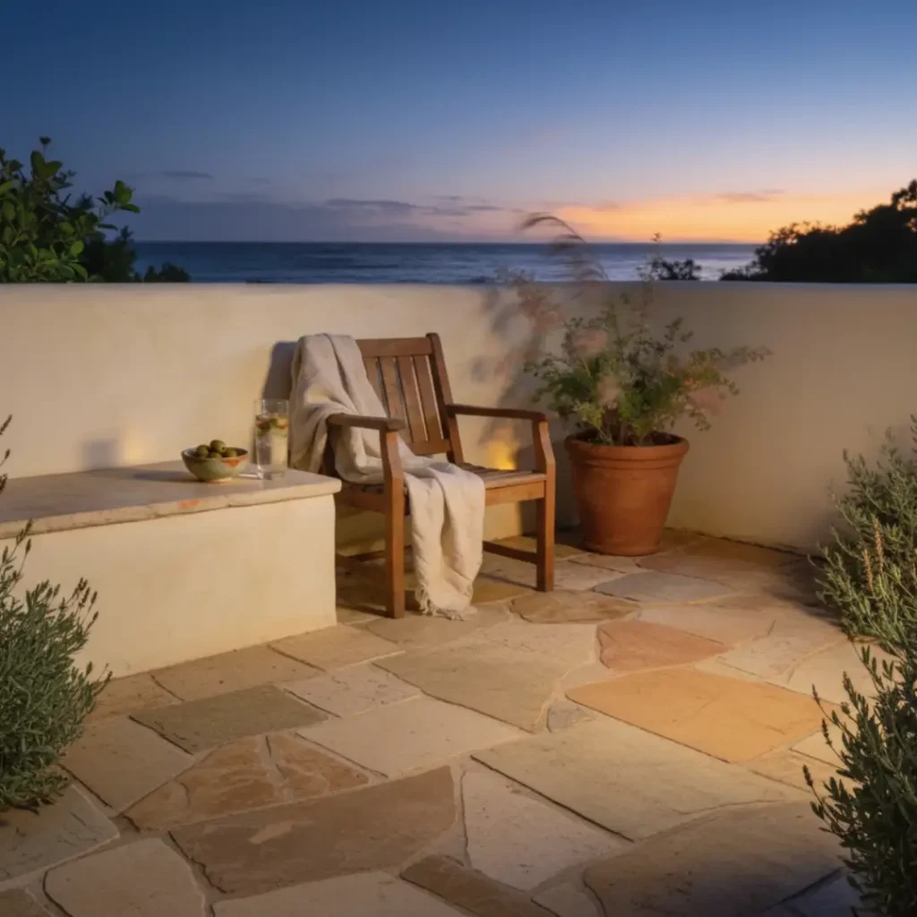 Peaceful California coastal patio at dusk with linen throw and evening relaxation setup for promoting better sleep and weight loss after 60