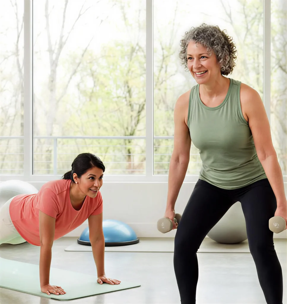 Women over 50 engaging in strength training with dumbbells and resistance bands to support bone health and maintain muscle strength.