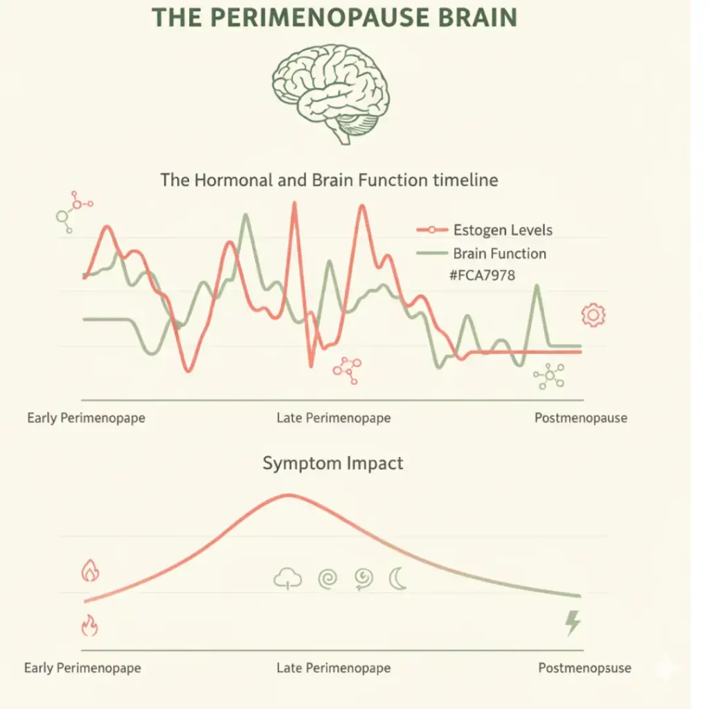 Educational graphic showing perimenopause brain fog hormonal causes