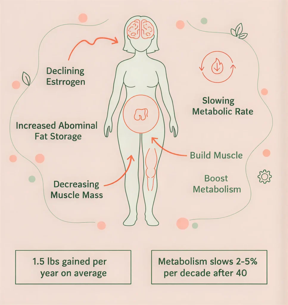 Infographic showing menopause diet metabolic changes and weight gain factors
