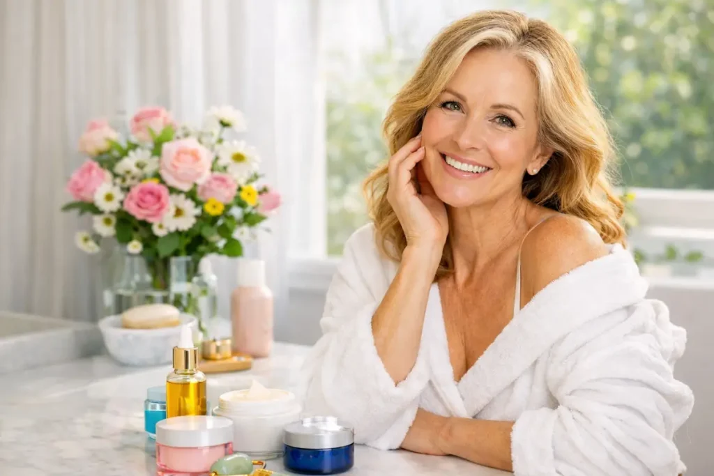 Woman over 50 applying skincare anti aging products to face in natural morning light