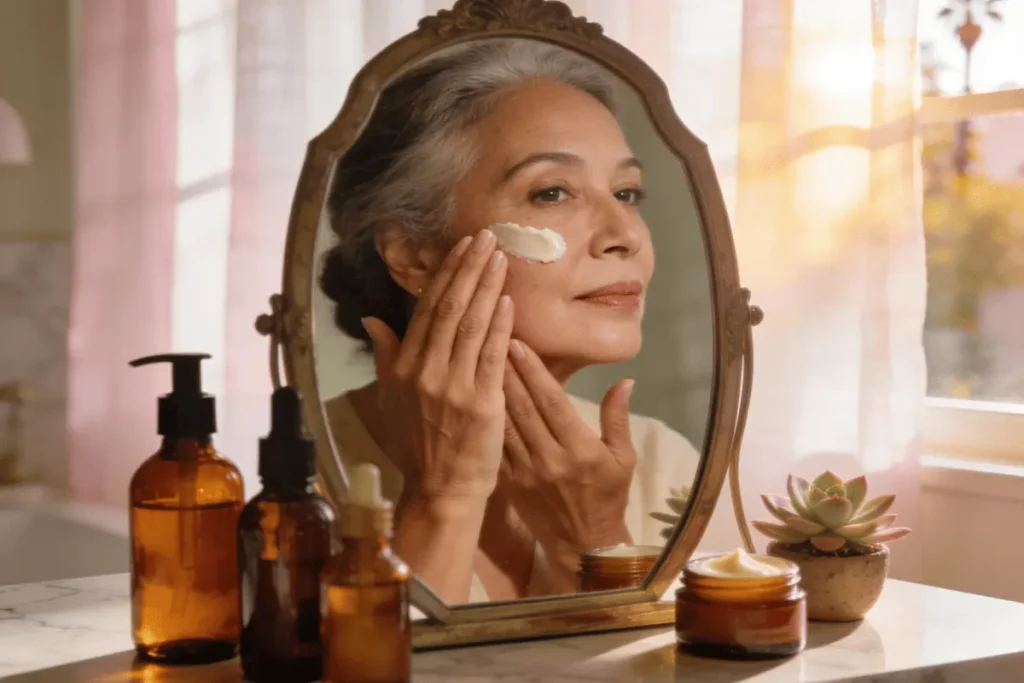 Woman over 50 applying skincare anti aging products to face in natural morning light