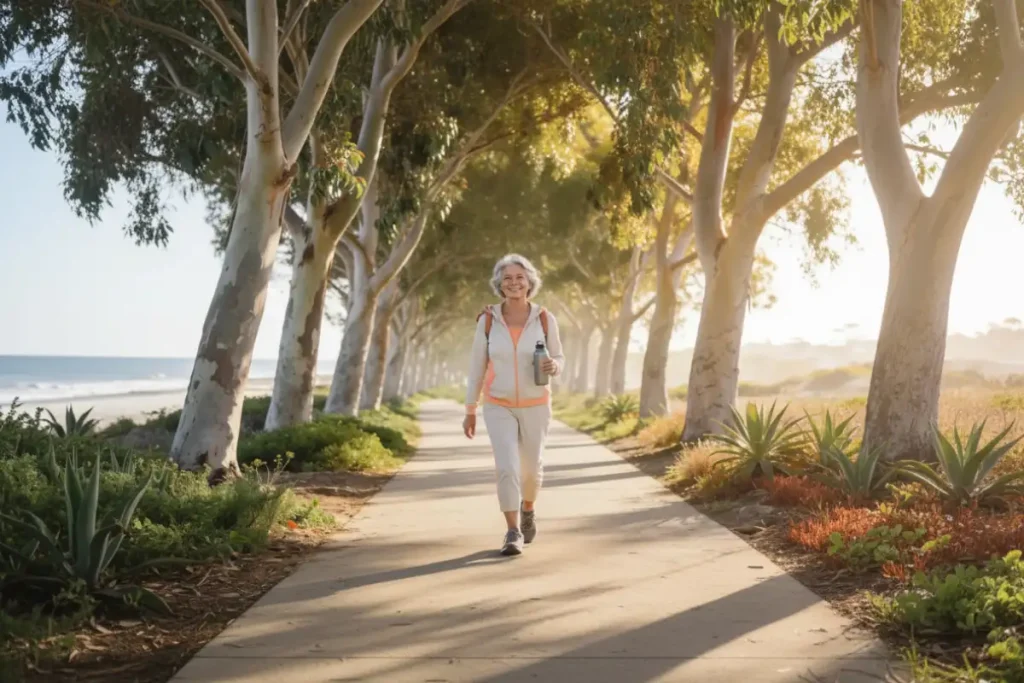 Woman in her early sixties walking confidently along a tree-lined California path with a water bottle, illustrating gentle weight loss through daily steps after 60