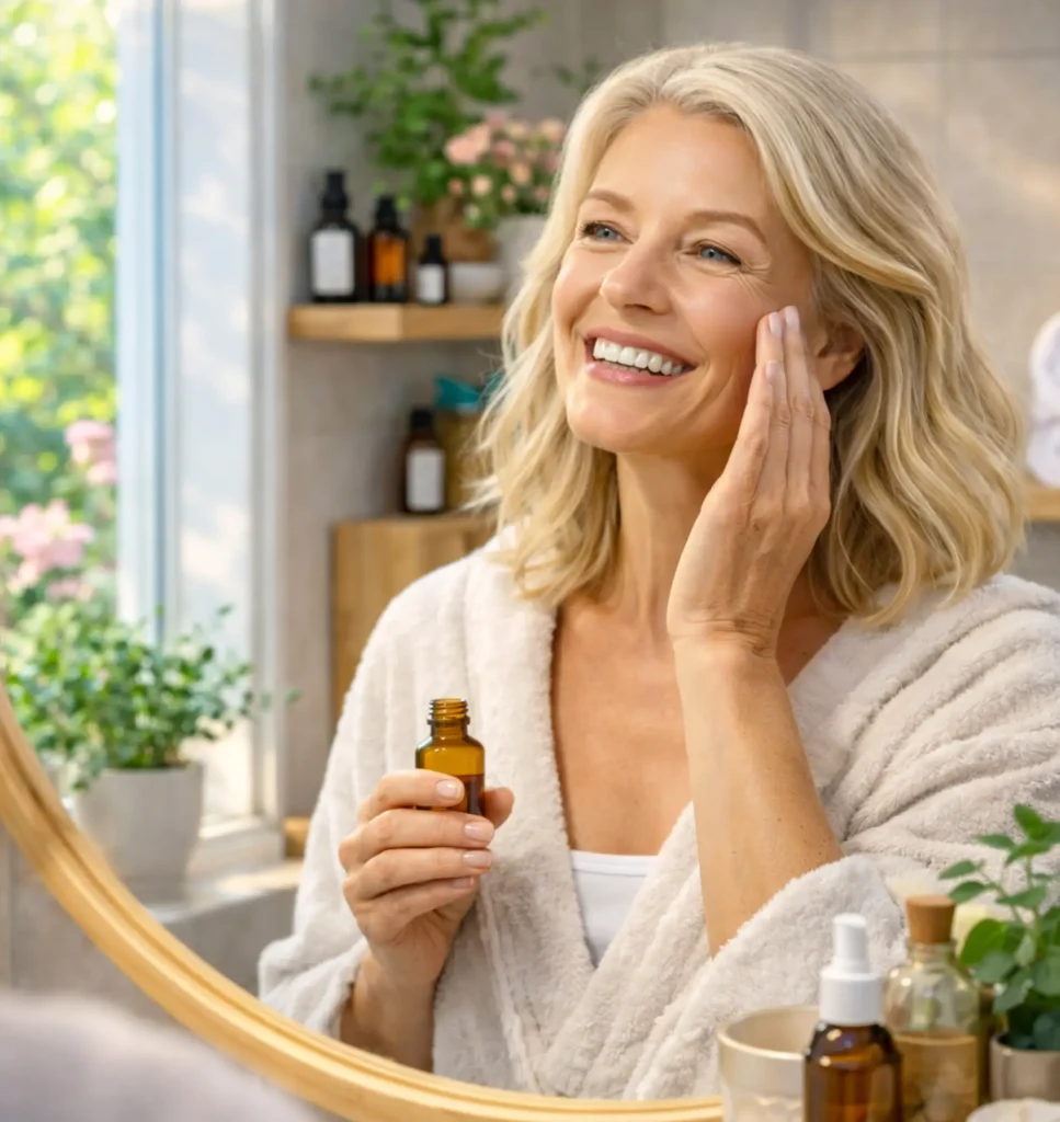 Woman over 50 with glowing skin applying natural anti-aging skincare in morning light Caption: True youthfulness comes from nourishing your skin naturally, from the inside out. Description: A woman in her 50s embracing natural anti-aging skincare rituals—representing the gentle, effective approach to maintaining radiant skin through plant-based oils and mindful self-care.