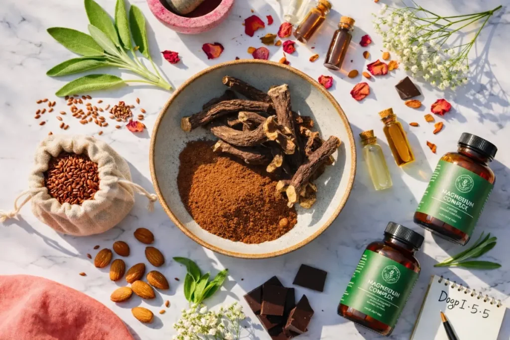 7 Natural Menopause Treatments That Really Work: High-angle flat lay photograph of natural wellness ingredients on a white marble surface, featuring black cohosh root and powder, flaxseeds, almonds, dark chocolate, and glass supplement bottles, styled with fresh sage and dried botanicals in warm, natural light.