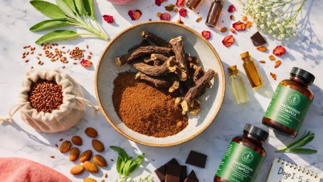 7 Natural Menopause Treatments That Really Work: High-angle flat lay photograph of natural wellness ingredients on a white marble surface, featuring black cohosh root and powder, flaxseeds, almonds, dark chocolate, and glass supplement bottles, styled with fresh sage and dried botanicals in warm, natural light.