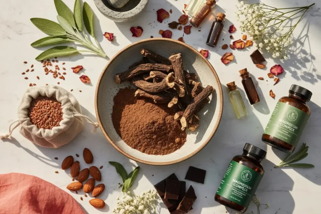 7 Natural Menopause Treatments That Really Work: High-angle flat lay photograph of natural wellness ingredients on a white marble surface, featuring black cohosh root and powder, flaxseeds, almonds, dark chocolate, and glass supplement bottles, styled with fresh sage and dried botanicals in warm, natural light.