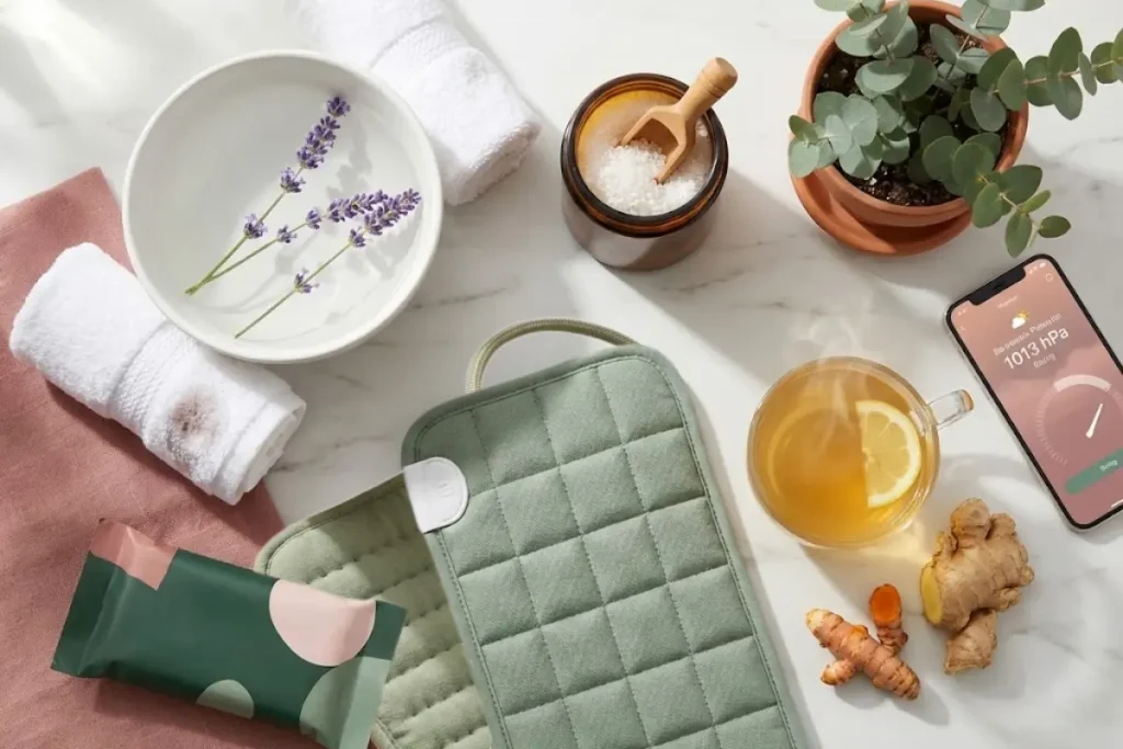 Flat lay of heat therapy essentials including warm towels Epsom salt heating pad and anti-inflammatory tea for stopping joint pain when it rains