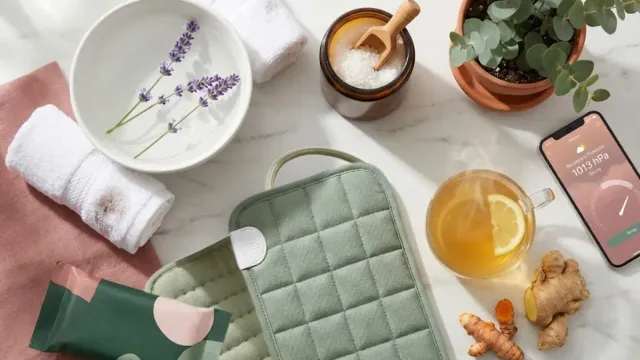 Flat lay of heat therapy essentials including warm towels Epsom salt heating pad and anti-inflammatory tea for stopping joint pain when it rains