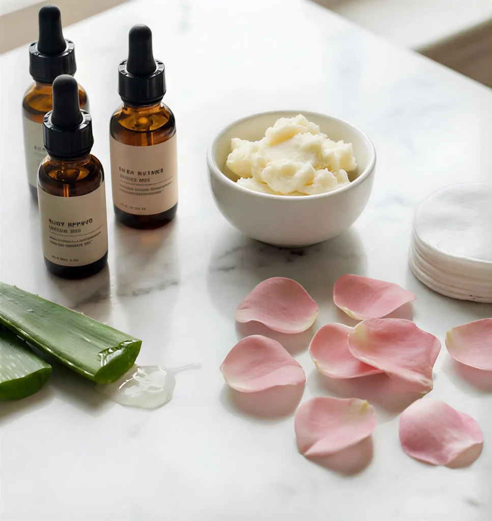 Natural anti-aging skincare ingredients such as argan oil, aloe vera, and shea butter displayed on a marble surface