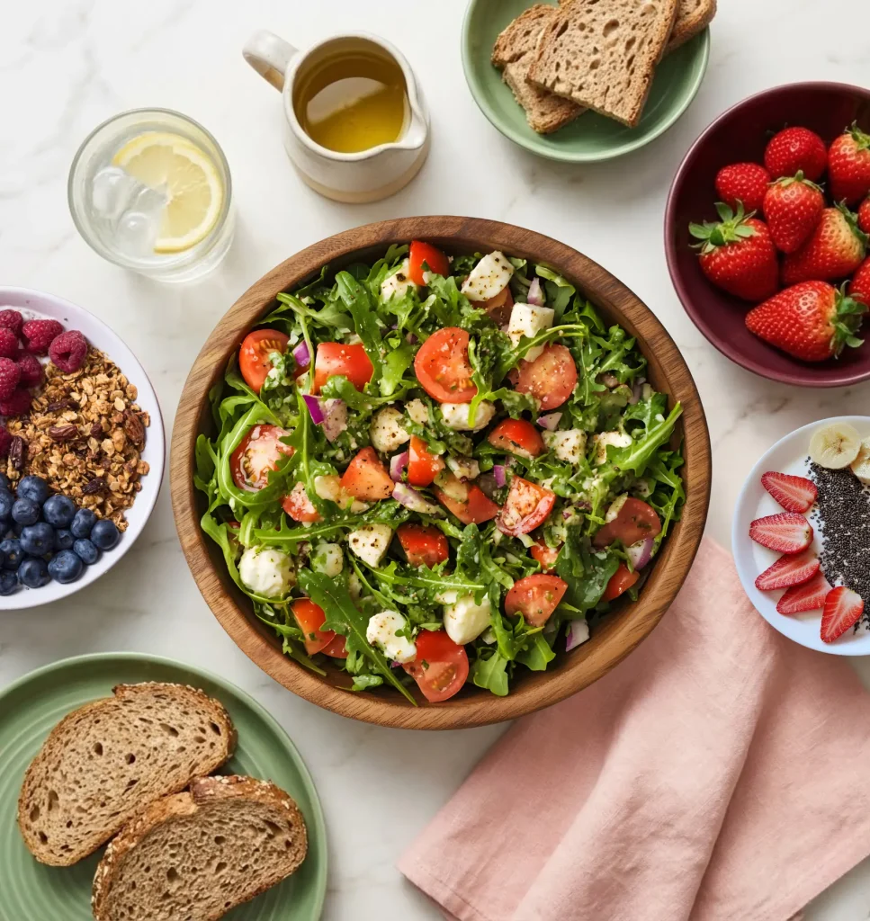 Healthy aging nutrition colorful Mediterranean meal with leafy greens salmon berries and whole grains for women over 50
