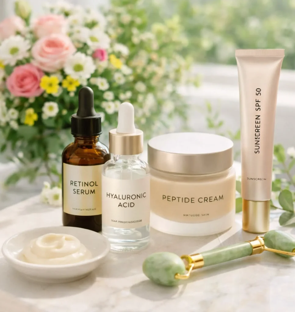 Flat lay of skincare anti aging products including retinol serum moisturizer and sunscreen for mature skin