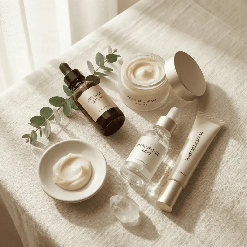 Flat lay of skincare anti aging products including retinol serum moisturizer and sunscreen for mature skin