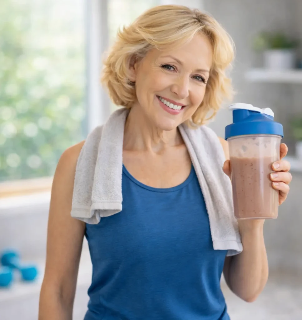 Post-Workout Protein for Muscle Building After 50 Active woman over 50 enjoying post-workout protein shake for muscle recovery