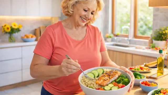 Woman over 50 preparing high-protein meal with salmon and vegetables for muscle health