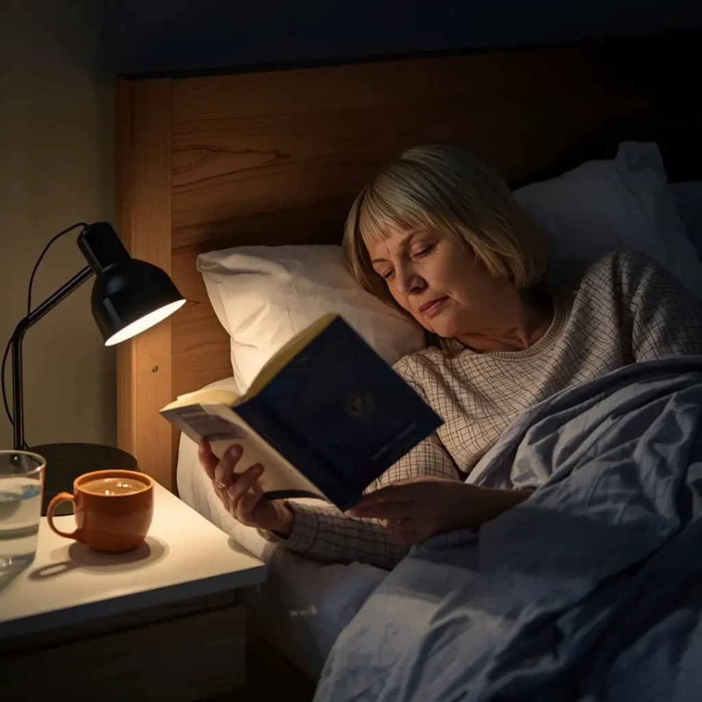 Mature woman reading a book in bed with warm bedside lamp lighting, practicing a relaxing screen-free bedtime routine.
