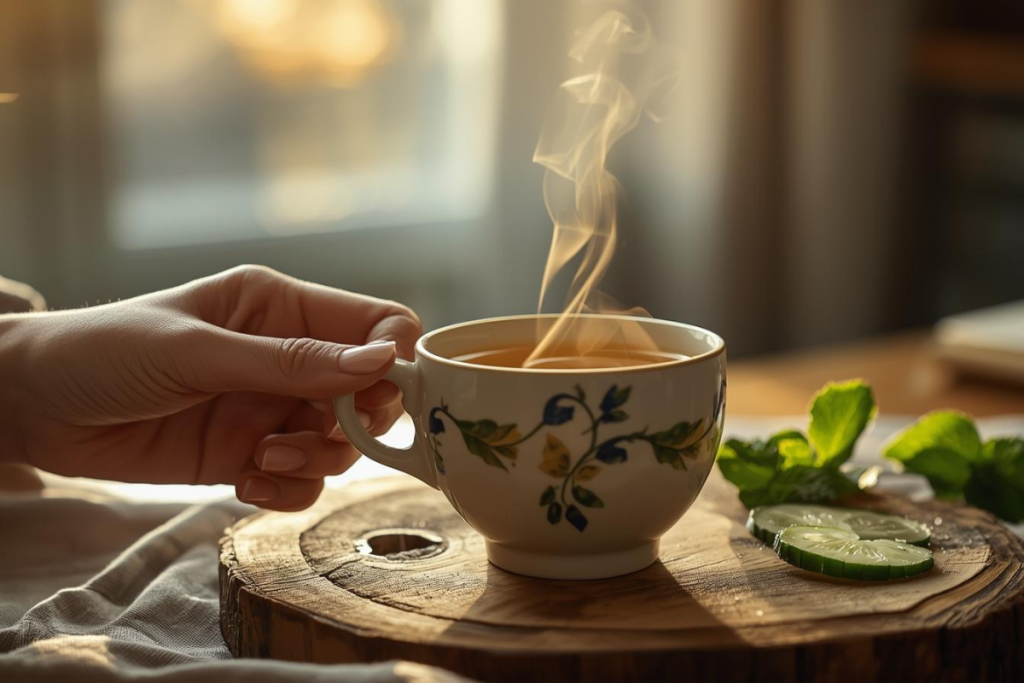 Herbal tea for menopause symptoms with fresh mint and cucumber on wooden table