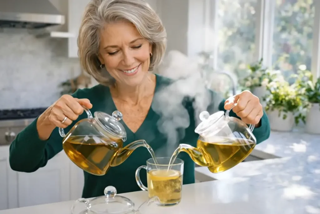 Herbal tea for menopause symptoms with fresh mint and cucumber on wooden table