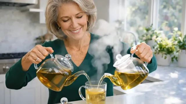 drink are good for menopause symptoms: Herbal tea with fresh mint and cucumber on wooden table