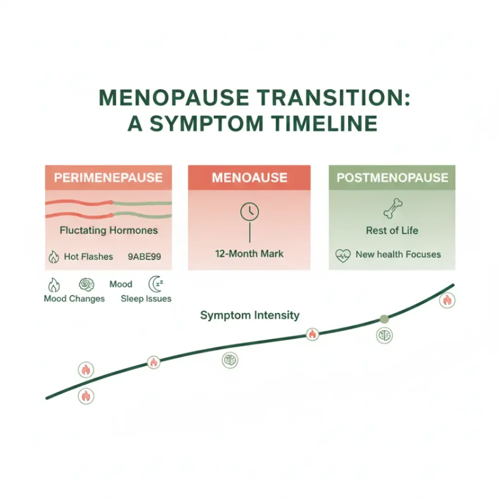 Infographic showing what is the hardest stage of menopause with symptom intensity timeline