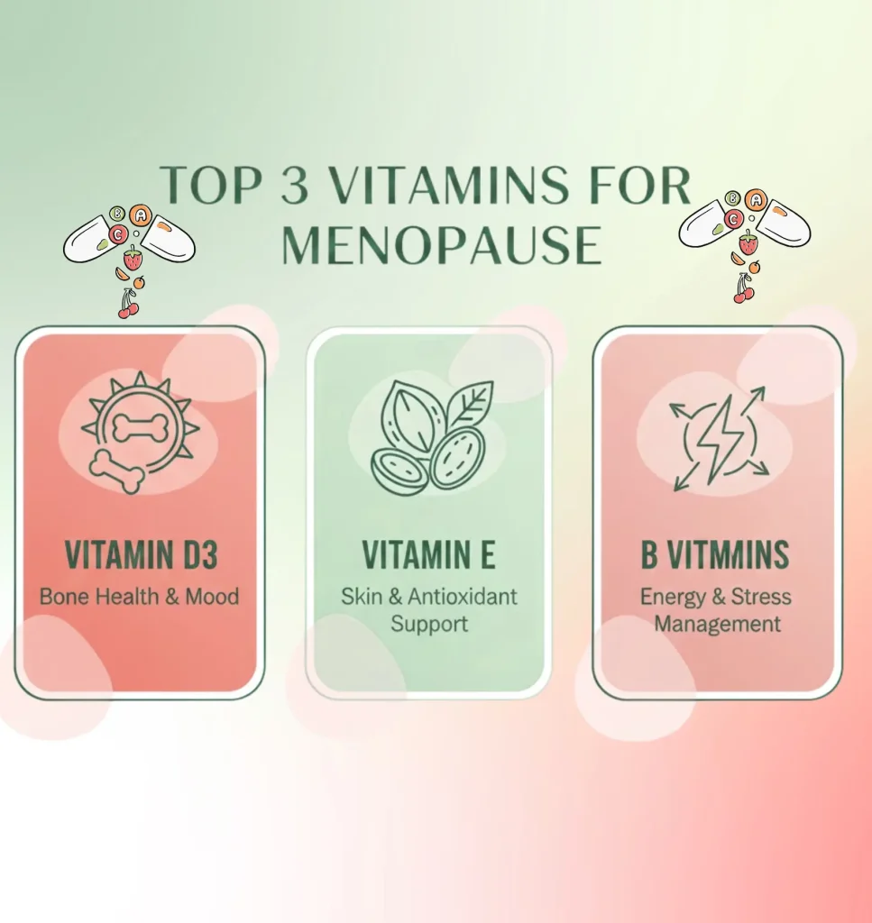 Infographic showing best vitamins for menopause including Vitamin D3, E, and B vitamins