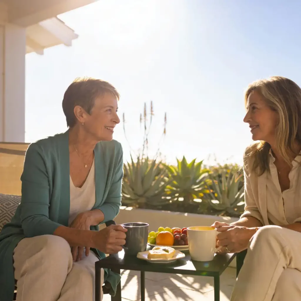 Two women in their 50s having gentle conversation outdoors in bright California setting showing female friendship and support during perimenopause