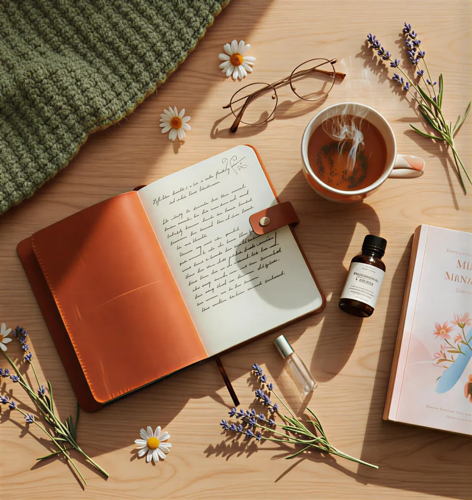 Anxiety menopause relief toolkit with natural supplements, journal, herbal tea, and mindfulness tools
