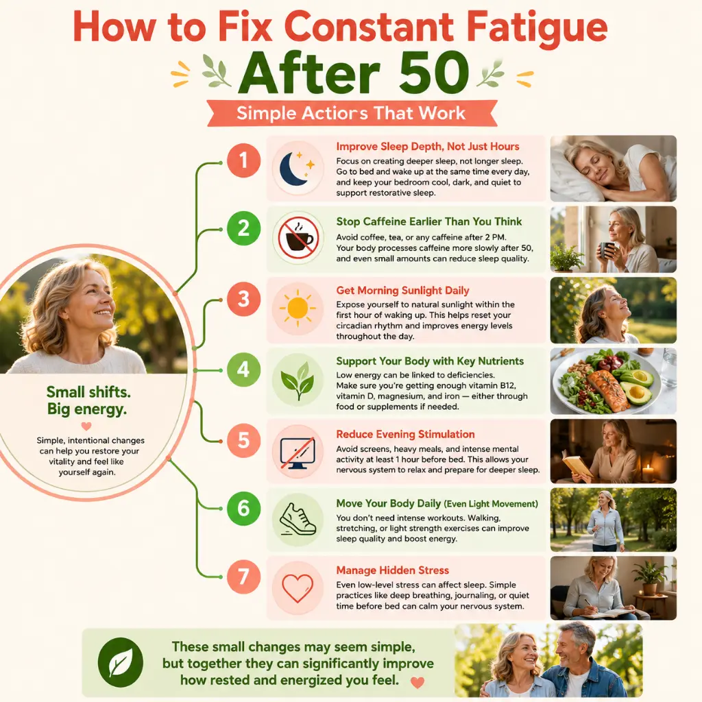 Infographic showing seven simple ways to fix constant fatigue after 50, including better sleep, earlier caffeine cutoff, morning sunlight, key nutrients, less evening stimulation, daily movement, and stress management

