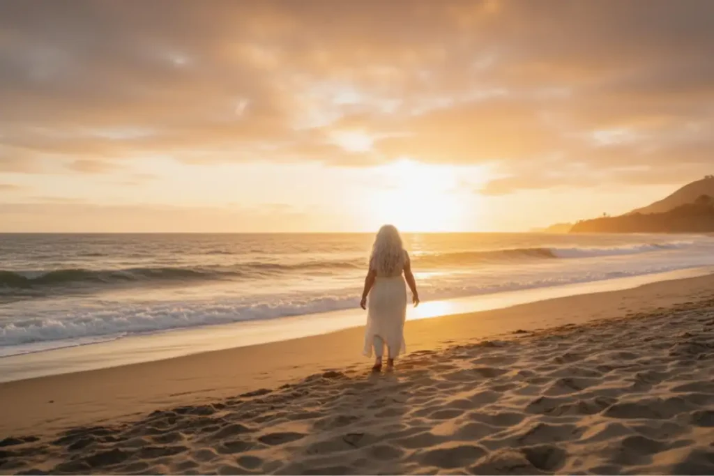 Woman over 50 in transformative moment standing on beach at sunset reflecting on life changes.
