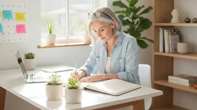 Focused woman over 50 working with mental clarity at organized home office.