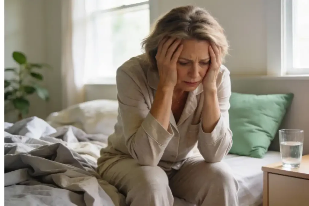 Woman in her 50s sitting on bed with head in hands showing emotional struggle during perimenopause mood swings
